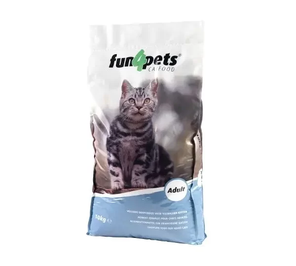 Fun4Pets Kattefoder 10kg i en hvid og blå pose med en gråhuskat afbilledet på forsiden