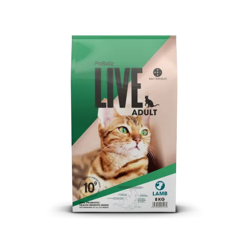 Probiotic Live Kat med Lam kattefoder i en hvid og grøn pose med sort skrift og en brun kat afbilledet på forsiden