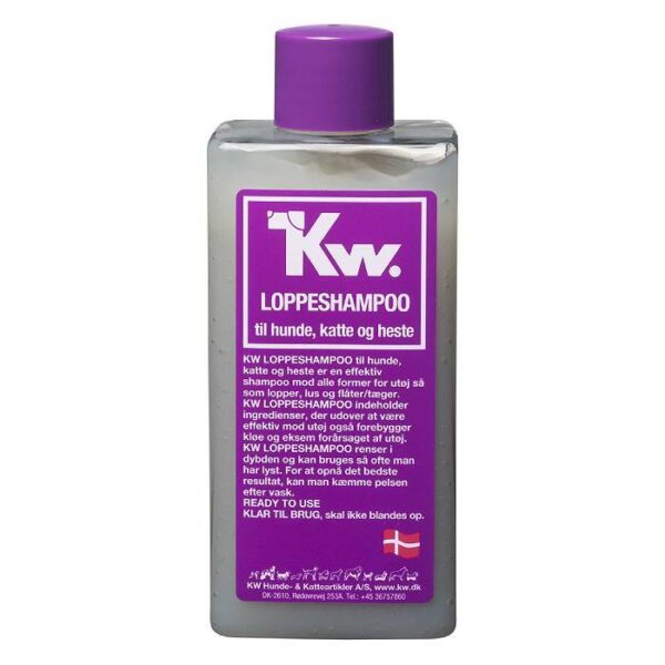 KW loppeshampoo lilla flaske med rundt lilla låg