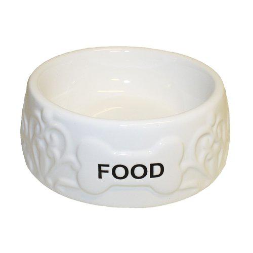 Hvid madskål med "food" skrevet på forsiden