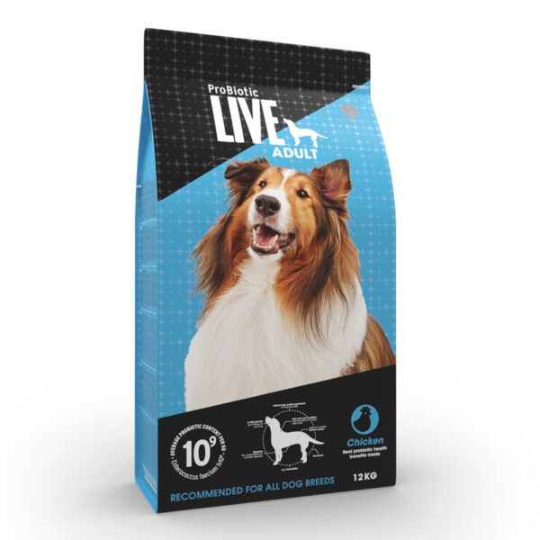 Probiotic Live Large Breed Adult Kylling til voksne hunde i en sort og blå pose med en collie afbilledet på forsiden