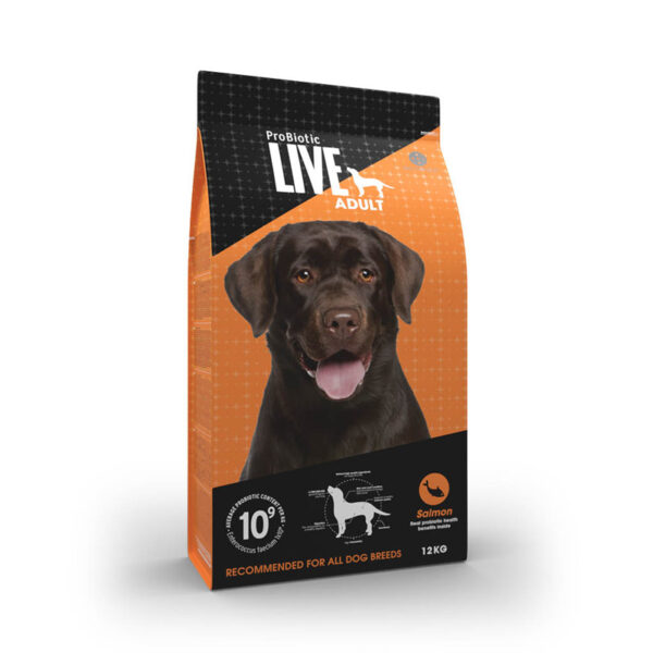 Probiotic Live Large Breed Adult Laks hundefoder til voksne hunde i en sort og orange sæk med en brun labrador afbilledet på forsiden