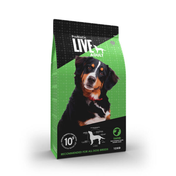 Probiotic Live Large Breed Adult Lam hundefoder til vokenhund i en sort og grøn pose med en berner sennen afbilledet på forsiden