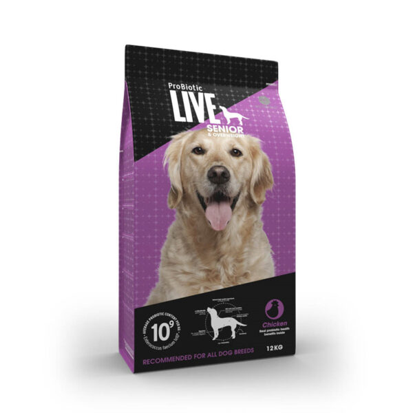 Probiotic Live Large Breed Senior hundefoder til senior hunde i en sort og lilla pose med en gammel golden retriever afbilledet på forsiden