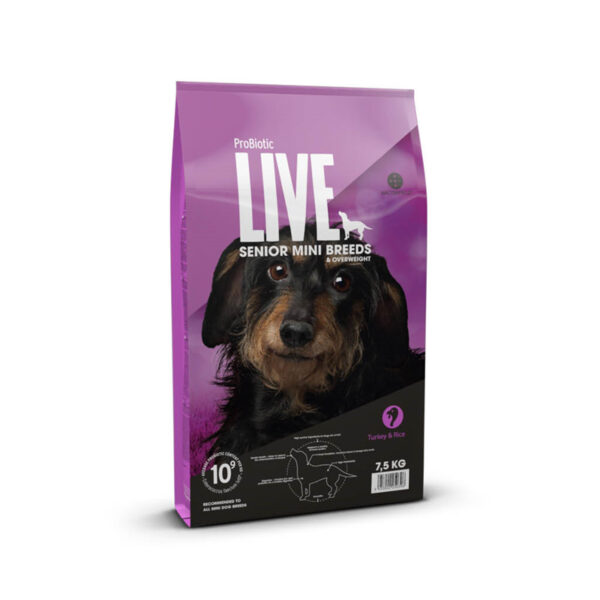 Probiotic Live Small Breed Senior hundefoder til små senior hunde i en lilla pose med en gravhund afbilledet på forsiden