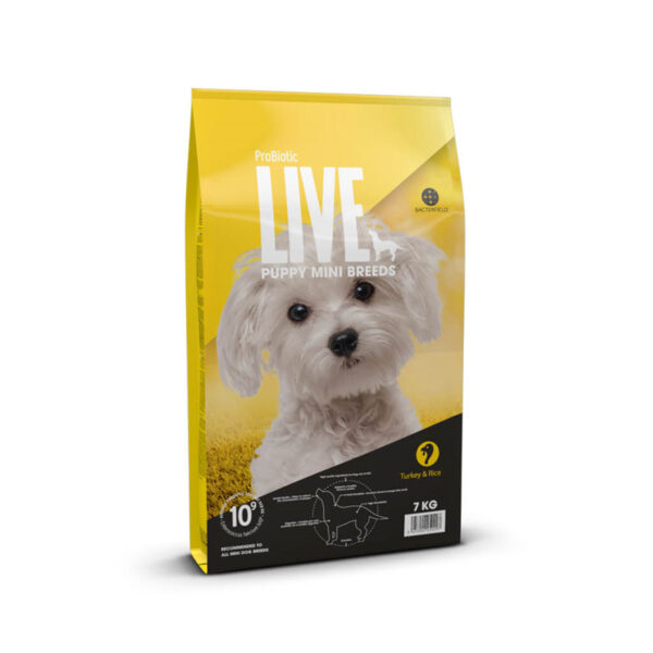 Probiotic Live Small Breed Puppy hvalpefoder til små racer i en gul og sort pose med en malteser hvalp afbilledet på forsiden