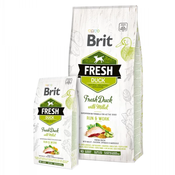 Brit Fresh Active Run & Work hunde foder til voksne aktive hunde i en hvid pose med grønt label og skrift