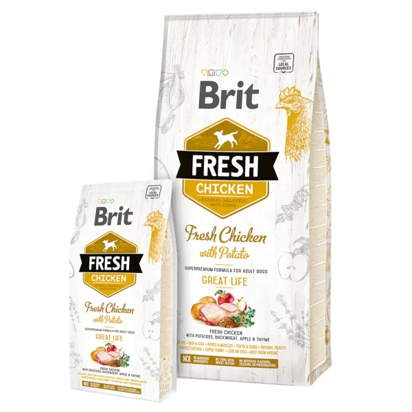 Brit Fresh Adult Great Life hundefoder til voksne hunde i en hvid pose med gul label og skrift