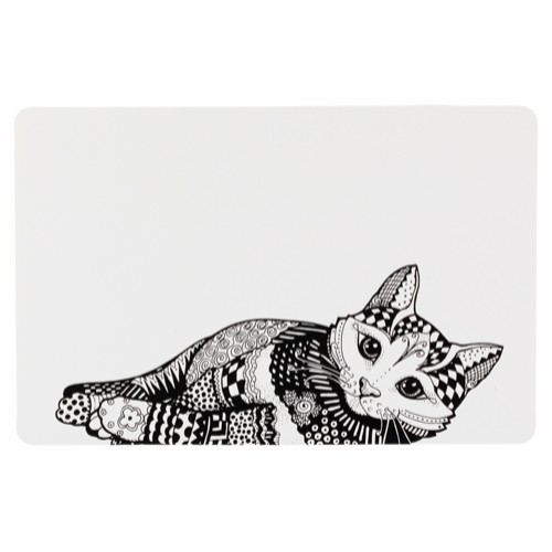 hvidt skåleunderlag med motiv af en kat i grå og hvide farver
