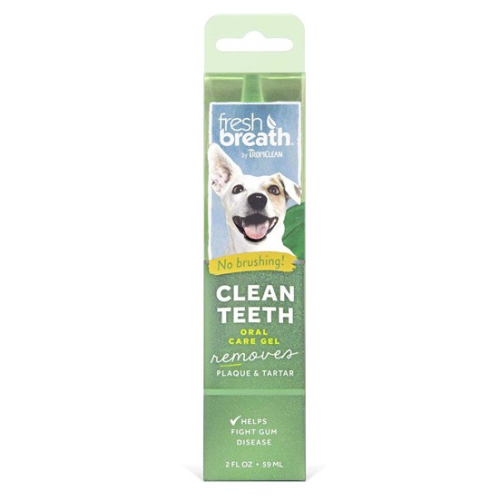 Grøn æske med hund på og clean teeth