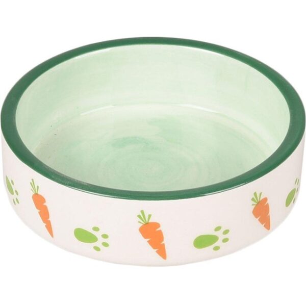 Grøn keramik skål til små gnavere med motiv af poter og gulerødder på siden