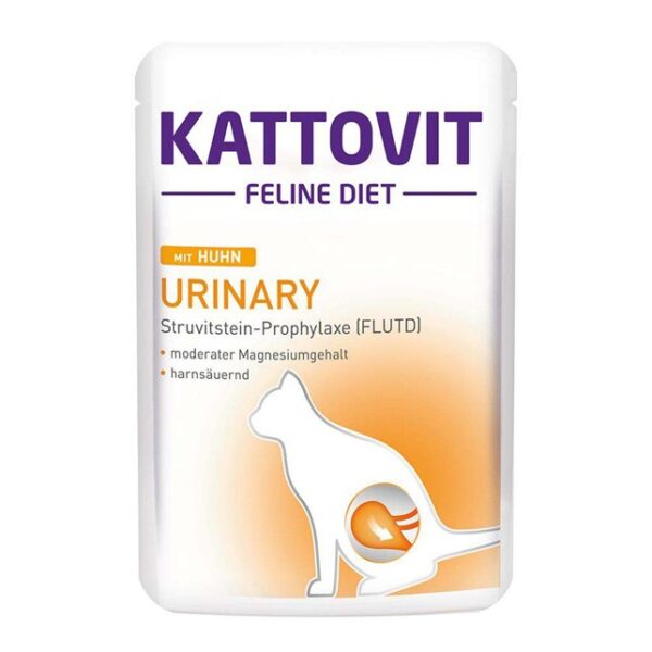 Kattovit Feline Diet Urinary 85g i hvid pose med lilla og gul tekst på forsiden