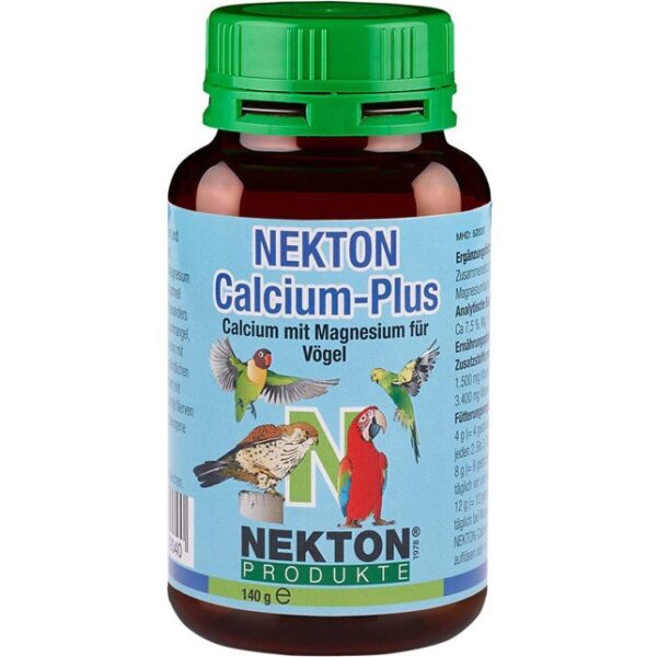 Nekton Calcium-Plus til fugle i brun flaske med grønt låg og blå label