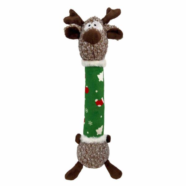 KONG Holiday Shakers Luvs Reindeer hundebamse formet som et rensdyr med lang hals grøn sweater på