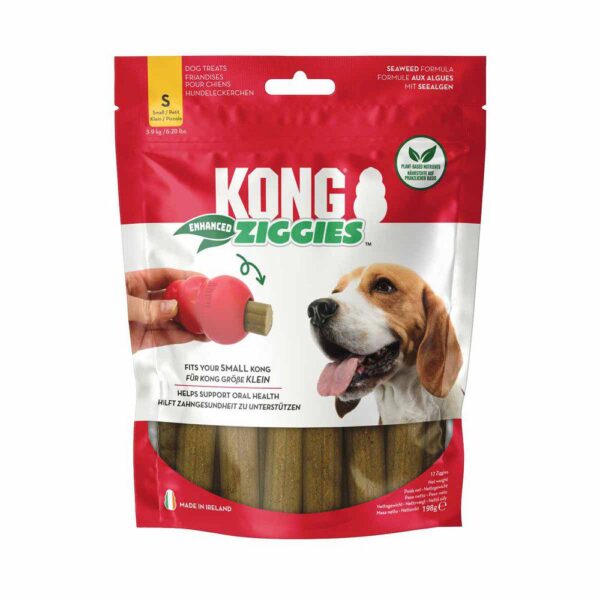 Kong Ziggies Enhanced 198g i en hvid og rød pose med en KONG og en hund afbilledet på forsiden