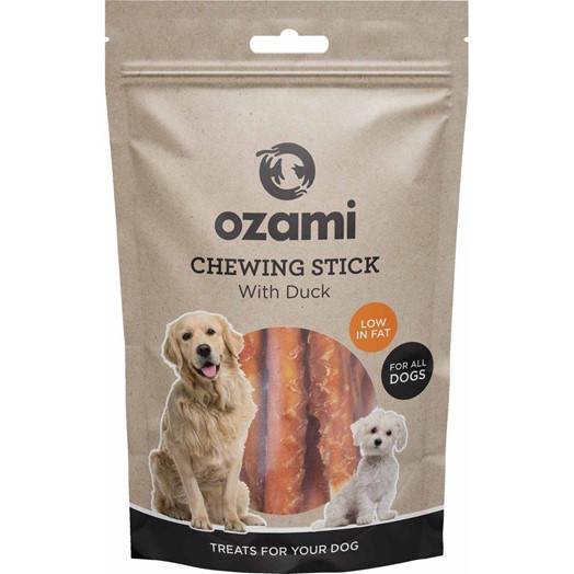 Ozami Tyggepinde med And 100g i en brun pose med 2 hunde afbilledet på forsiden