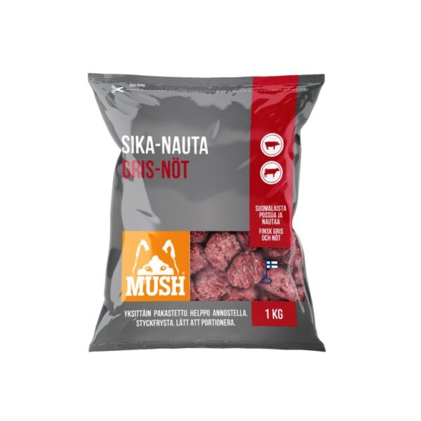 Mush Basic Gris & Okse 1kg i en grå pose med orange mush logo