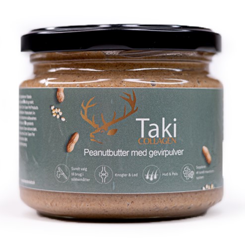 Taki Kollagen Peanutbutter m. Gevirpulver 300g kommer en glas bøtte som skruelåg