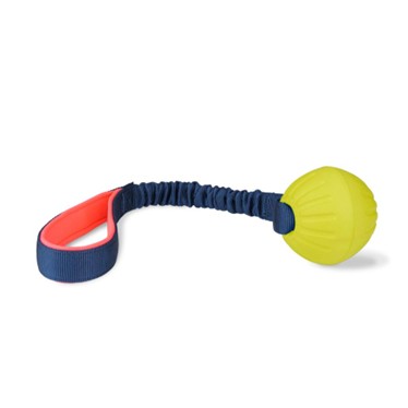 Coachi Tuggi Ball med blå/orange snor og hånd og en gul bold