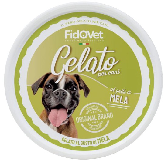 FidoVet Gelato Æble Is i en hvid bøtte med grønt låg
