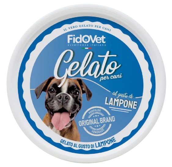 FidoVet Gelato Hindbær Is i en hvid bøtte med blåt låg