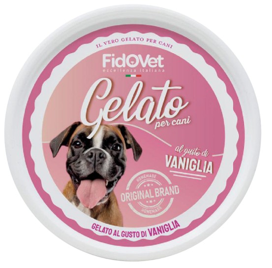 FidoVet Gelato Vanilje Is i en hvid bøtte med lyserød låg