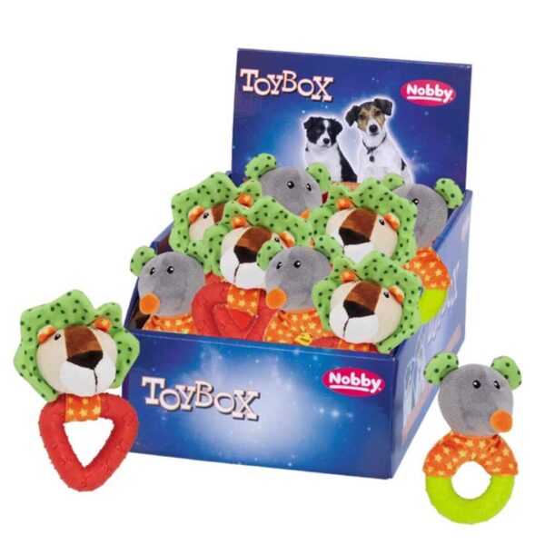 Plys løve og mus, med TPR ring i gul, orange og grå.