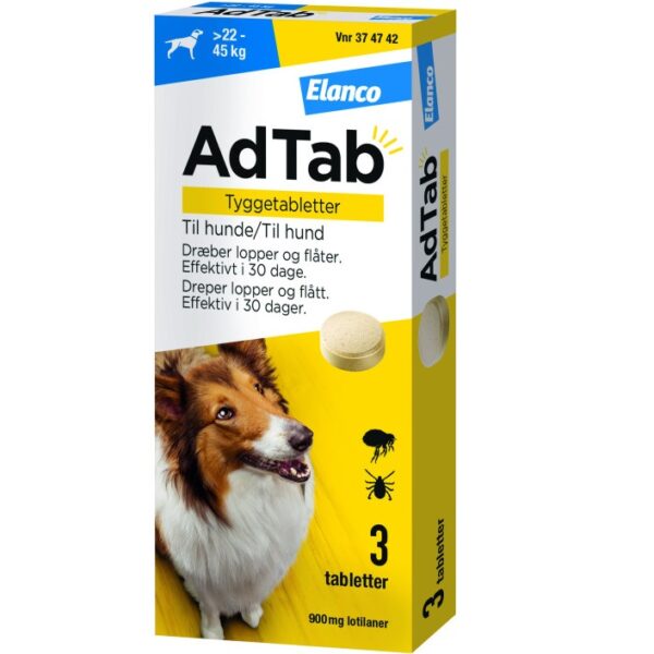 AdTab-til-hunde. 3 tabletter i en æske som modvirker orm hos hunden.
