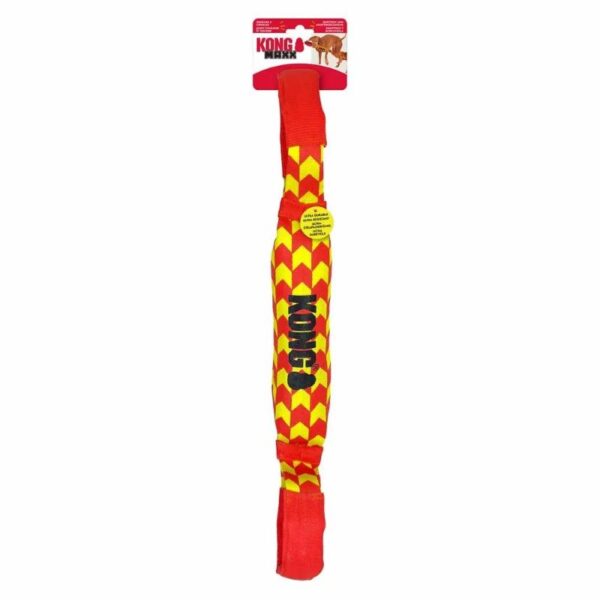 Kong Maxx Tug trækkelegetøj i rød og gul med håndtag.