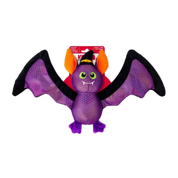 Kong Halloween Shakers flagermus i størrelse 25x44x7cm. Lilla og sort med skarpe tænder.