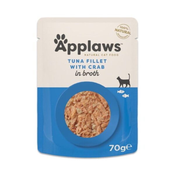 applaws tun fillet med krabbe i buillon i blå og hvid pose til katte
