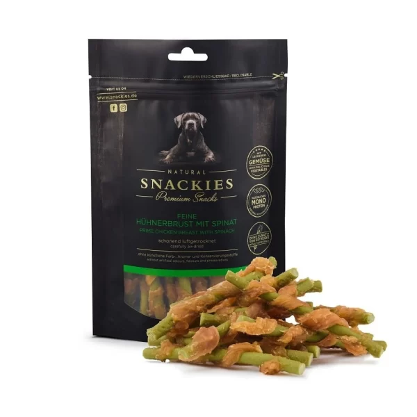 snackies kyllingebryst med spinat godbidder til hunde i sort pose