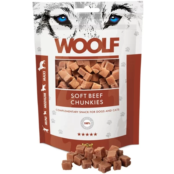 woolf beef chunkies til hunde i brun pose med chunkies foran