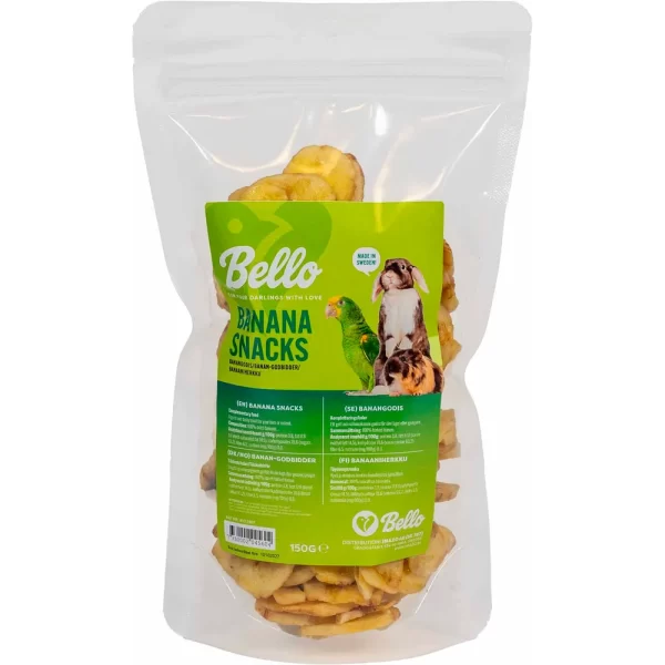 bello banan chips 150g til smådyr i gennenmsigtig pose med stykker af banan i